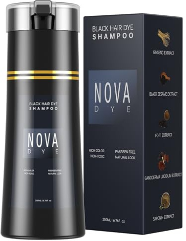 NOVA DYE Black Hair Dye Shampoo 3 in 1, Natural Dye Shampoo for Men & Women, Herbal Ingredient Shampoos for Grey Hairs Coverage