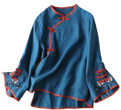 Hauts en coton et lin pour femme, coupe ample, broderie traditionnelle chinoise, cloche, manches longues, style ethnique, chemisier pour femme, bleu, 4XL