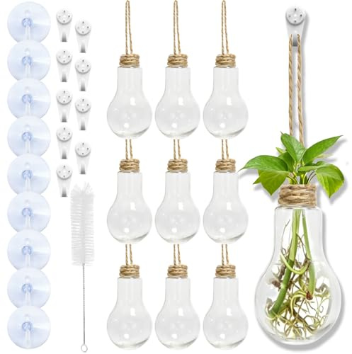 9 Sets Window Propagation Stations, 4 Inch Plastic Hanging Plant Propagation Vases with Suction Cup, Traceless Nail, Cleaning Brush for Plant Clippings, Rooting Cuttings, Water Plant Propagation