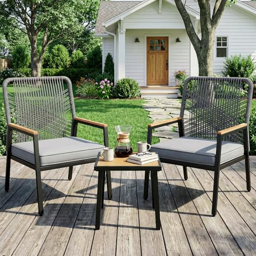 LIFERUN Gartenmöbel-Set, 3-teilig Gartenstuhl Rattan, 2 Terrassenstühle mit Tisch, Bis 160 kg, witterungsbeständig, WPC Armrest, Outdoor Balkonmöbel Metall und Rattan, für Terrasse, Garten, Veranda