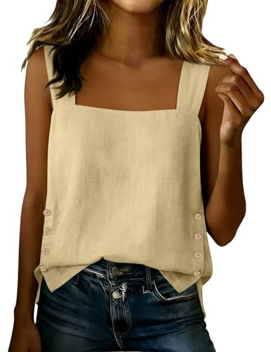 Tank Tops Women Y2K Square Neck Vest Tops Cotton Linen Shirt Sleeveless Tunic Top Loose Fit Camisoles Plain Vests Casual Blouses Side Split Cami Top Plus Size