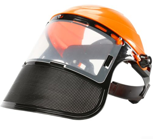 Feeshoppher Casco di sicurezza per motosega a doppio strato, con visiera trasparente in policarbonato e protezione in rete, per falciatura del prato, taglio del legno, fascia regolabile, arancione
