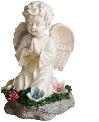 Ángel solar LED para decoración de jardín, impermeable, efecto de piedra para escultura, figura de oración para césped, porche, para homenaje, 15 x 15 x 23 cm