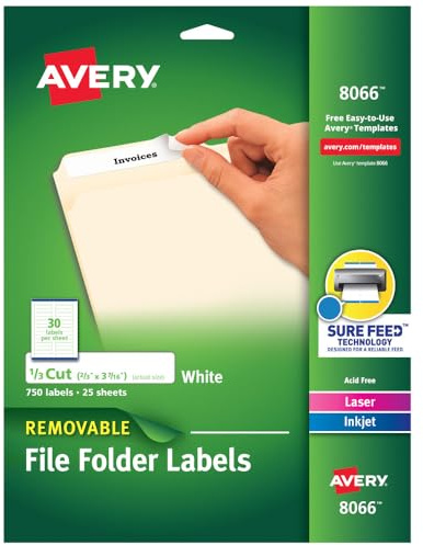 Avery File Folder Labels with Sure Feed, 2/3 x 3-7/16, 750 Printable Labels, Removable, White (8066)