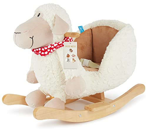 Bieco Plüsch Schaukeltier Schaf | Kinder Schaukelstuhl mit Sicherheitsgurt | Baby Schaukel | Schaukel Kleinkind | Schaukeltier Baby Zimmer | Schaukelwippe ab 9 Monate | Schaukelpferd Holz