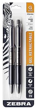 Zebra Pen STEEL G-402 Retractable Gel Pen, Black Ink, 0.5mm, 2-Pack