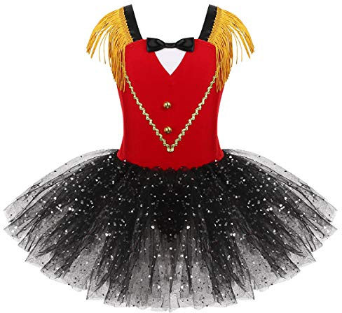 Freebily Kinder Mädchen Tanzkleid Tutu Zirkus Ringmaster Kleid Glitzer Pailletten Karneval Partykleid Festkleid Festzug Outfits Tanzkleidung Rot 134-140