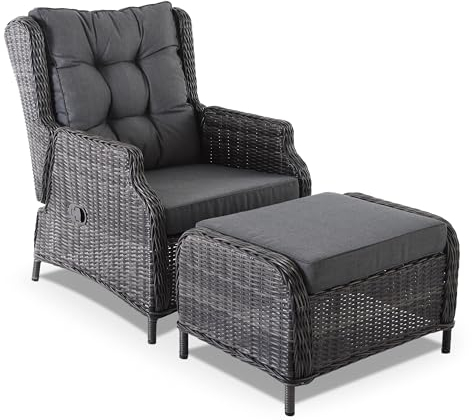Raburg Garten-Relaxsessel mit Hocker, inkl. Polster, Gartenstuhl-Set mit Hocker, pflegeleichtes & wetterfestes Polyrattan, Bequeme Kissen, bis 130 kg Belastbarkeit, Braun/Dunkelgrau, Sophia