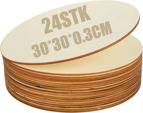 SENENQU 24 Piezas Discos de Madera Redondos de 30 cm y Rodajas de Madera Grandes, 3 mm sin Acabado para Manualidades, Pintura, Pirograbado, Bodas y Decoración DIY