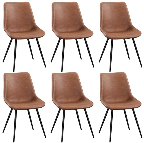 Yaheetech Dining Room Chairs Set of 6 Mid Century Modern Kitchen Chairs with Upholstered Faux Leather and Metal Legs for Dining Room, Living Room, Brown