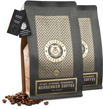 BERSERKER COFFEE - Extra starker Kaffee, 100% Robusta Kaffeebohnen, 2x500g - 3x soviel Koffein wie 08/15-Kaffee, 100% Robusta Kaffeebohnen, säurearm - GANZE BOHNE