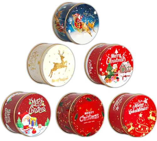 Lata vacía Navidad con Tapas, 6 Piezas Caja de Caramelos de Navidad Redonda, Caja de de Lata de Navidad con Tapas, para Galletas, Chocolate, Dulces, Golosinas