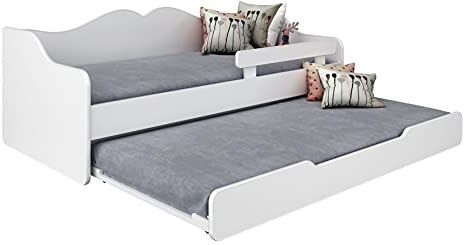 BDW - Barnsäng - Ungdomssäng - Dubbelsäng - med Lamellram, Madrasser, Låda, Fallskydd - Utdragbar - Bäddsoffa, Gästsäng, Hopfällbar - Barnrum - 140x70cm - Vit