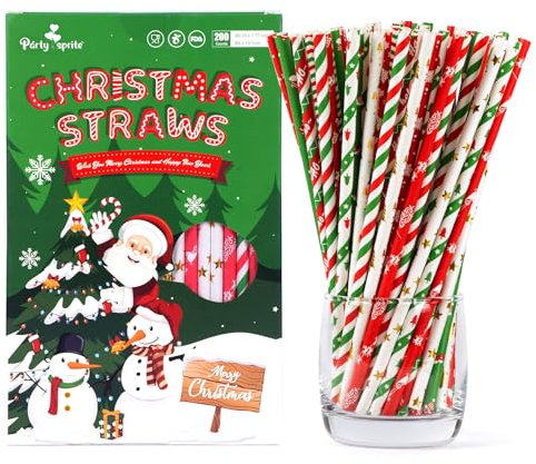 200 Pailles en Papier de Noël - Rouge, Vert et Or avec Flocons de Neige - Idéales pour Décorer vos Fêtes de Noël, Nouvel An et Vacances