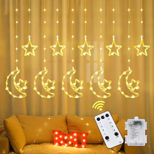 IEEILULU LED stjärna måne ljuskedjor, 3,5 m stjärnor måne dekoration ljus, Eid Mubarak-ljus LED med 8 blinkande lägen, ljusgardin inomhus utomhusdekoration för ramadan, bröllop, fönster (B)