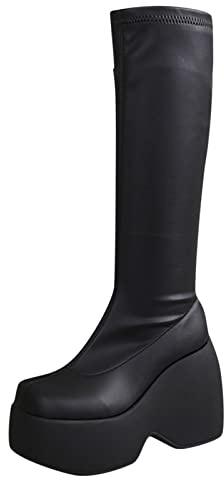 Botas altas para mujer con tacón de bloque con plataforma - Botas altas hasta la rodilla con tacón de cuña Botas largas de cuero elástico Botas sexy góticas punk de cuero PU botas rocosas motero,