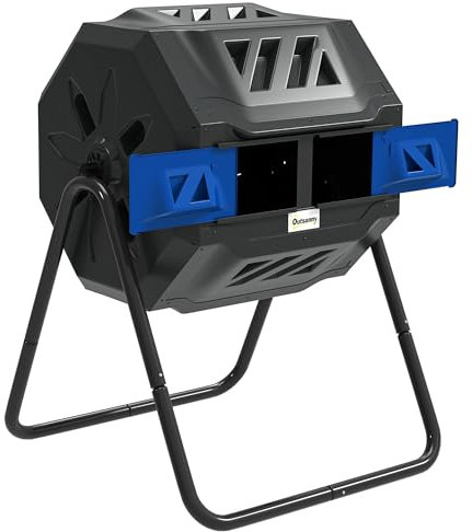 Outsunny 160L Tumbling Compost Bin Outdoor Dual Chamber 360° Rotating Composter, Garden Compost Bin w/Sliding Doors & Solid Steel Frame, Blue