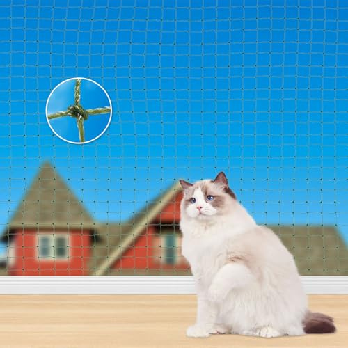 TOFFCAEA Filet de Protection Renforce Chat, 4x3m Filet de Protection Chat, Filet renforcé, avec 15m Corde de Fixation pour Sécuriser Les Balcons, Terrasses, Fenêtres, Lucarnes et Portes (Vert, 3x4 m)
