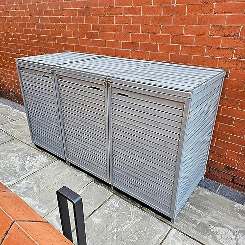2.03m x 1.14m Large Grey Wooden Outdoor Garden Triple Wheelie Bin Store Storage for 3 Bins with Back Panels