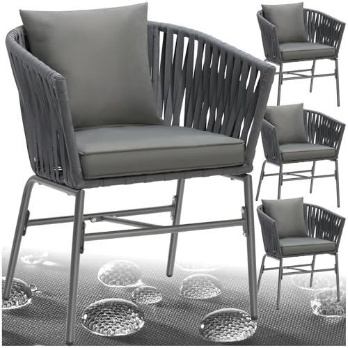 tectake® Lot de 4 Fauteuil Salon Chaise de Jardin avec Accoudoirs pour Salon de Jardin Exterieur ou Intérieur en Acier laqué époxy, Coussins Inclus Mobilier pour Amenagement Balcon Terrasse