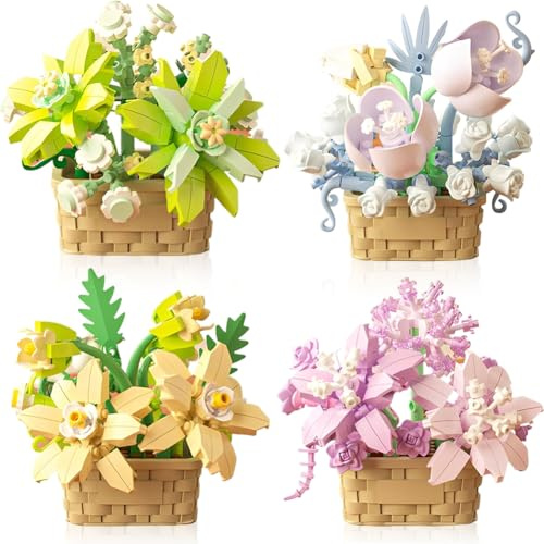 KMFASVX Lot de 4 fleurs succulentes Mini ensemble de construction de blocs de fleurs botaniques artificielles ensemble de construction de fleurs et de plantes pour la décoration de la maison et des