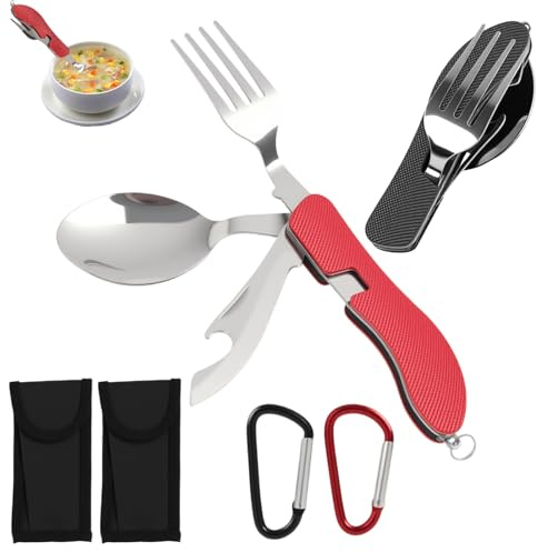 2 Pcs Couverts de Camping Pliables 4 en 1, Ensemble de Couteau Suisse, Fourchette, Cuillère et Décapsuleur en Acier Inoxydable, Couverts Pliants Pratiques pour le Camping et les Activités de Plein Air