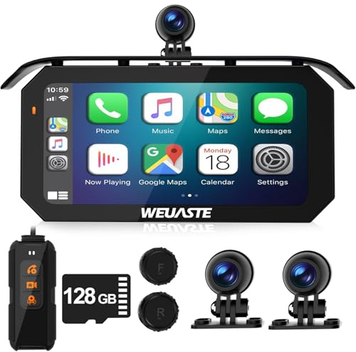WEUASTE 6.25' Motorcycle Carplay with Three Dash Cam (Inclues 128G SD),TMPS,GPS Navigation with Wireless Android Auto,Waterproof Touchscreen,Support Siri,Google Assistant,Anti-Glare,Bluetooth