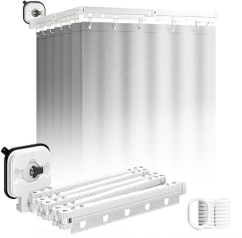 Barra de cortina de ducha plegable con ventosa blanca y juego de cortinas - Barra de tensión ajustable de 4 vías, instalación sin necesidad de taladro, anillos de suspensión incluidos, antideslizante