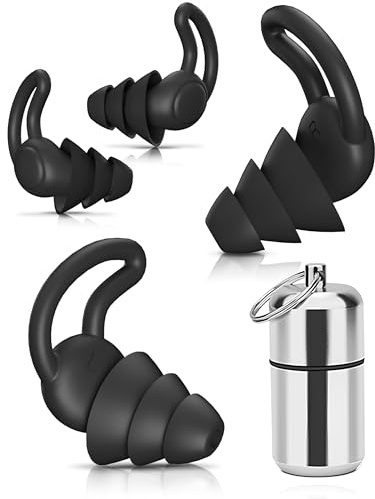 Lot de 2 paires de bouchons d'oreilles en silicone noir pour dormir sur le côté, les voyages et le travail, réutilisables avec boîte de rangement en aluminium