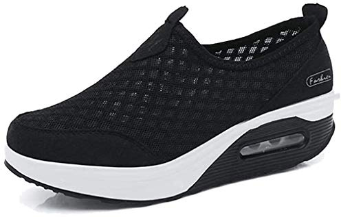 Femmes Minceur Chaussures Marche Baskets Plate-Forme Chaussures Poids Air Léger Engrener Elastic Sports en Marchant Yoga Tennis à Enfiler Pas Cher Trainers en Maille Plates Été,Noir 1,40 EU