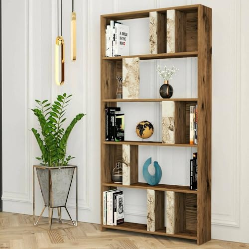 Dmora - Libreria Algieba, Scaffale da ufficio, Mobile portalibri, Biblioteca, 90x20h180 cm, Noce e Bianco Marmo