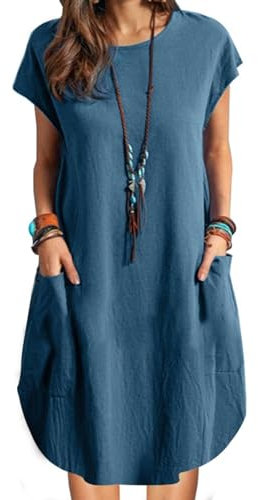 ZANZEA Women Summer Dresses Cotton Linen Dress Plus Size Short Sleeve Baggy Sundress Oversized Casual Midi Dresses with Pockets 1-Blue XXL