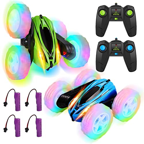 FunsLane 2 Pack Remote Control Car Toys for Kids, RC Stunt Cars with Wheel Lights, 2.4GHz Drift High Speed 4WD Off Road Double Sided 360° Rotating Cars, for Boys Girls