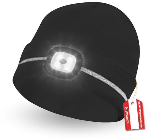 Gebol LED-Haube - Polyacryl, Mütze mit Licht & Reflektor, Winter-Kopfschutz, USB-Aufladbar mit 4 Leuchtstärken & Reflexionsstreifen, Schwarz