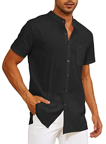 Yutdeng Camisa de Lino para Hombre Manga Corta Verano con Bolsillo Hawaiana Playa Cuello Mao Transpirable Casual Color Sólido Ropa Verano, Negro, L