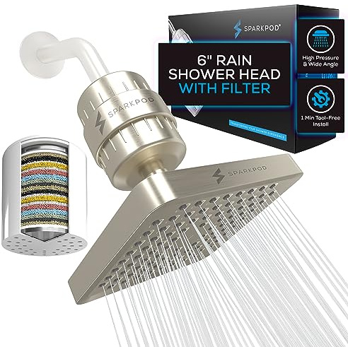SparkPod Luxury Filtered Shower Head Set, 23 Stage Shower Filter, Reduces Chlorine and Heavy Metals, High Pressure Filter (6 Inch Square, Elegant Brushed Nickel)