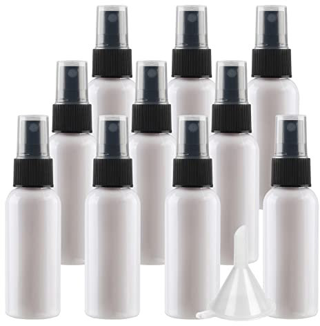 LusDoly 10 Stück, 50ml Weiß Plastik Kunststoff Sprühflasche Mit Schwarz Sprüher Nachfüllbar Sprühflaschen Leer für Parfümzerstäuber Zerstäuberflasche Reise Flakons