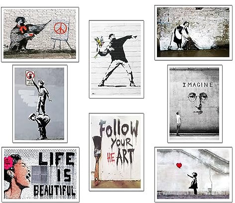 Set 8 cuadros base madera, Decoración Salón Modernos, Dormitorios, Habitación, Banksy con colgadores metálicos, (29 x 20 cm cada cuadro)