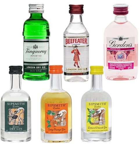 Gin Miniatures Bottles Selection Bundle - 6 x 5cl Premium Flavoured Gin Miniature Alcohol Bottles with Topline Card. Great Gin Set for Mum Birthday Gifts or Christmas Party Bag Fillers for Gin Lover