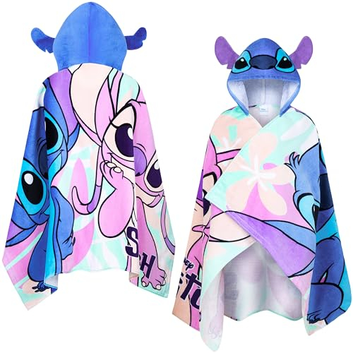 Disney Stitch Badetuch Poncho Badeponcho Kinder Strandtuch Mädchen mit Kapuze Weiches Schnelltrocknendes Handtuch für Strand Schwimmen (Blau/Mehrfarbig Stitch, 6-14 Jahren)