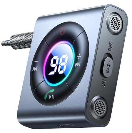 JOYROOM 2025 Bluetooth Adapter Auto【Bass & Hi-Fi Stereo】 Aux Bluetooth Adapte für Musik, Bluetooth Empfänger Duale Mikrofon Freisprechanruf für Auto, Kopfhörer und Lautsprecher, 26 Stunden Spielzeit