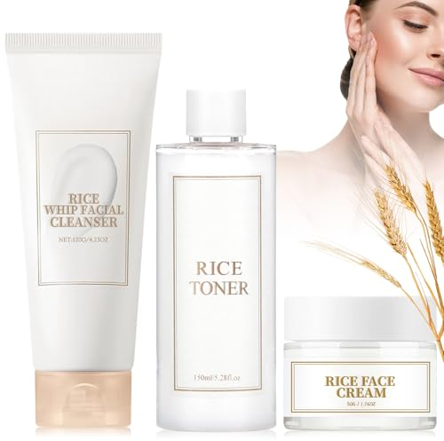 Rice Hautpflegeset 3 Stück, Skin Care Set mit Rice Cleanser, Rice Toner und Rice Cream, Euchtigkeit und Anti Aging, Reis Gesichtspflege Set für Teenager Mädchen und Frauen