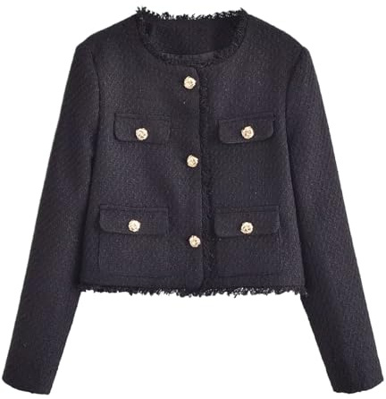 Costumes et tweeds pour Femme Veste en Tweed à Boutons élégant Veste de Blazer à Revers Slim Boutonnée Business Casual Blazer Manteau en Tweed Vintage (Noir,L)