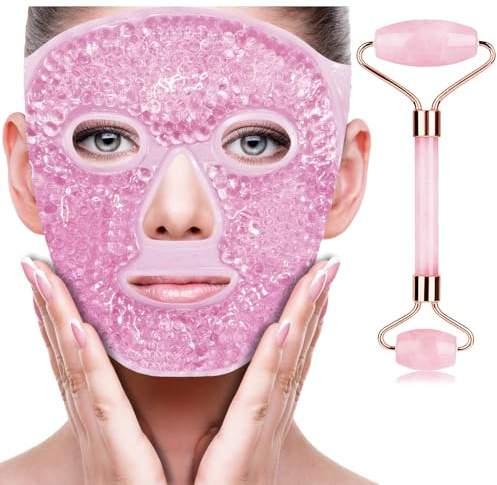 ZNÖCUETÖD Ice Face Facial Jade Roller and Ice Face Mask Cold Cooling Gel Mask Gift Set for Women Aging Wrinkles Lifting Firming Puffy Eyes, Eye Face Neck Roller Massager SPA Tools