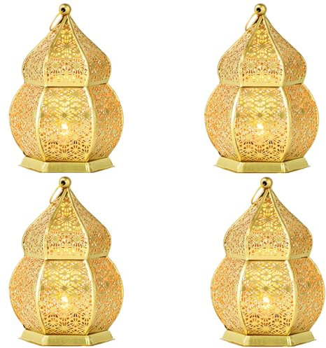 Marrakesch 4er Set Orientalische Deko Teelichthalter rund aus Metall 15cm groß Gold | Kerzenhalter Afman als Frühling Wohnzimmer Tisch Ramadan Deko | Windlicht für Teelichter als Gartendeko