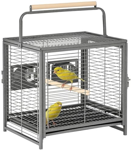 PawHut Cage de Transport en Acier pour perroquets, Cage à Oiseaux avec 2 Bols en Acier Inoxydable, 2 perchoirs en Bois, Plateau inférieur Amovible, pour Cockatiels, Conures, Gris d'Afrique, Noir