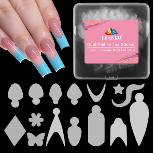 EBANKU 144PCS French Nail Forms Stickers Reusable Silicone Tip Stickers for Dual Nail Forms, Soft Manicure Stencil