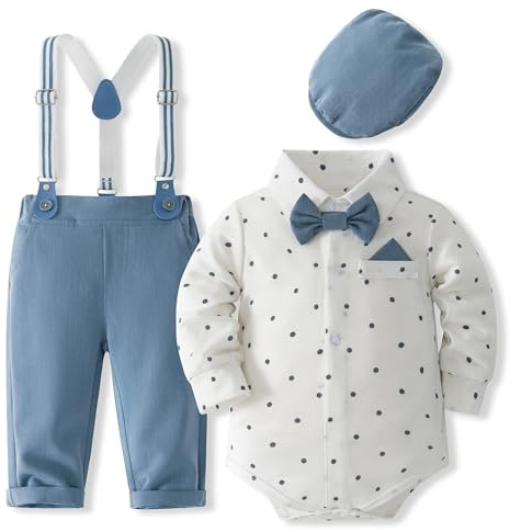 Fohuanky Baby Pojke Formell Outfit Klädset för herrar Romperskjorta med fluga Hängslen Byxor & hatt för bröllop födelsedagsfest