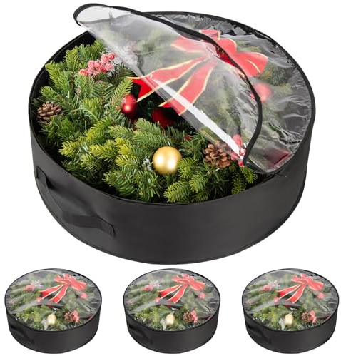 Confezione da 3 sacchetti per ghirlande natalizie con finestra trasparente, impermeabili, in PE/PVC, organizer per decorazioni natalizie, per ghirlande, ornamenti, chiusura con cerniera e manico (61 x