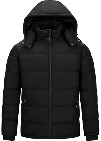 Outdoor Ventures Men's Lightweight Jacket Waterproof Pufferjacket Warm Winterjacket Downjackets Winter Parka with Lined Detachable Hood Stand-up Collar Black